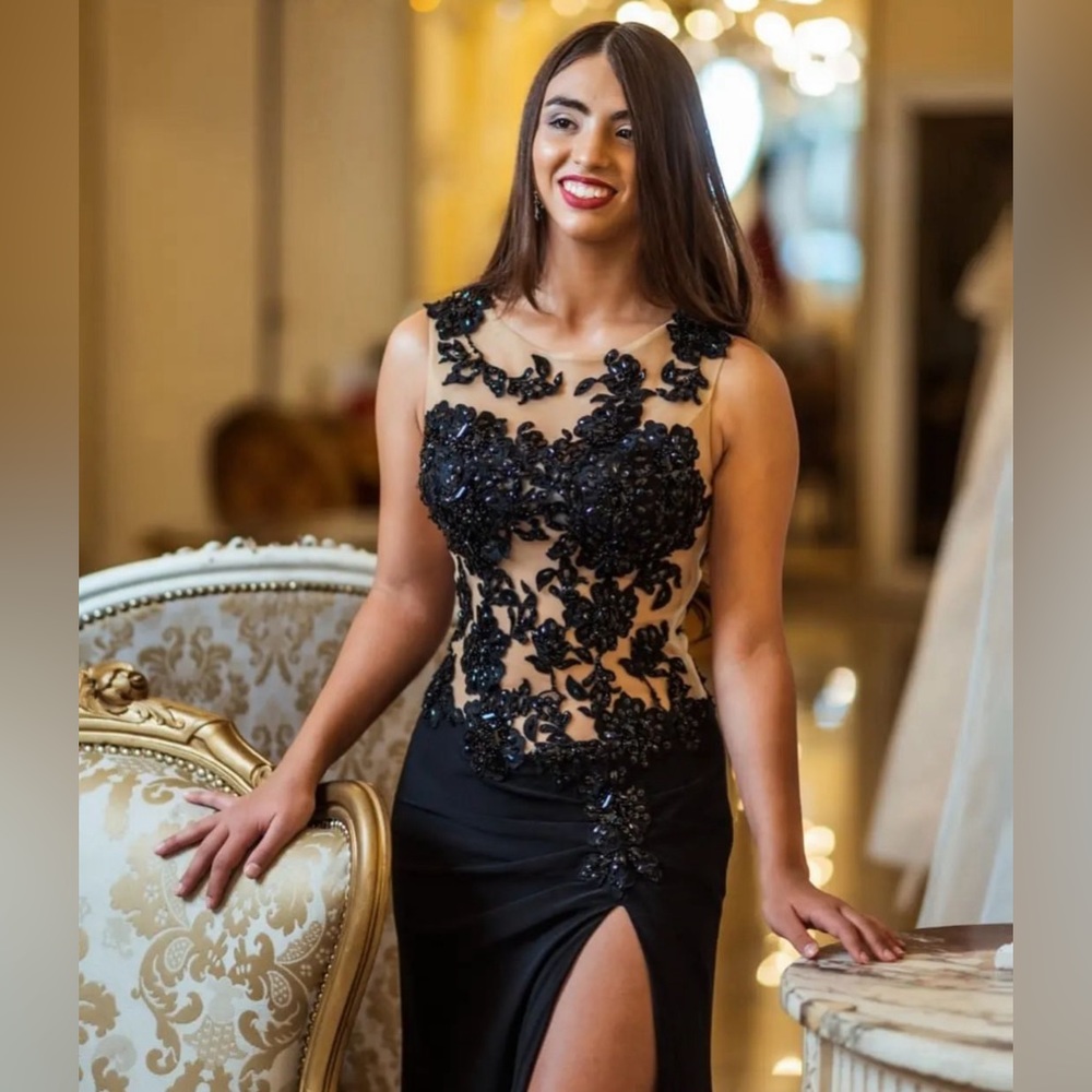 NEW Formal Black Beaded Dress with Nude Mesh Material